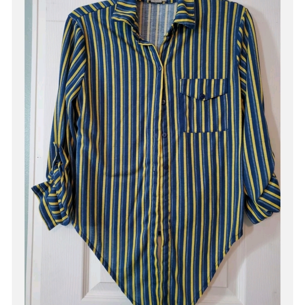 Womens PASSPORT Long Sleeve Button Up Shirt blue yellow white striped